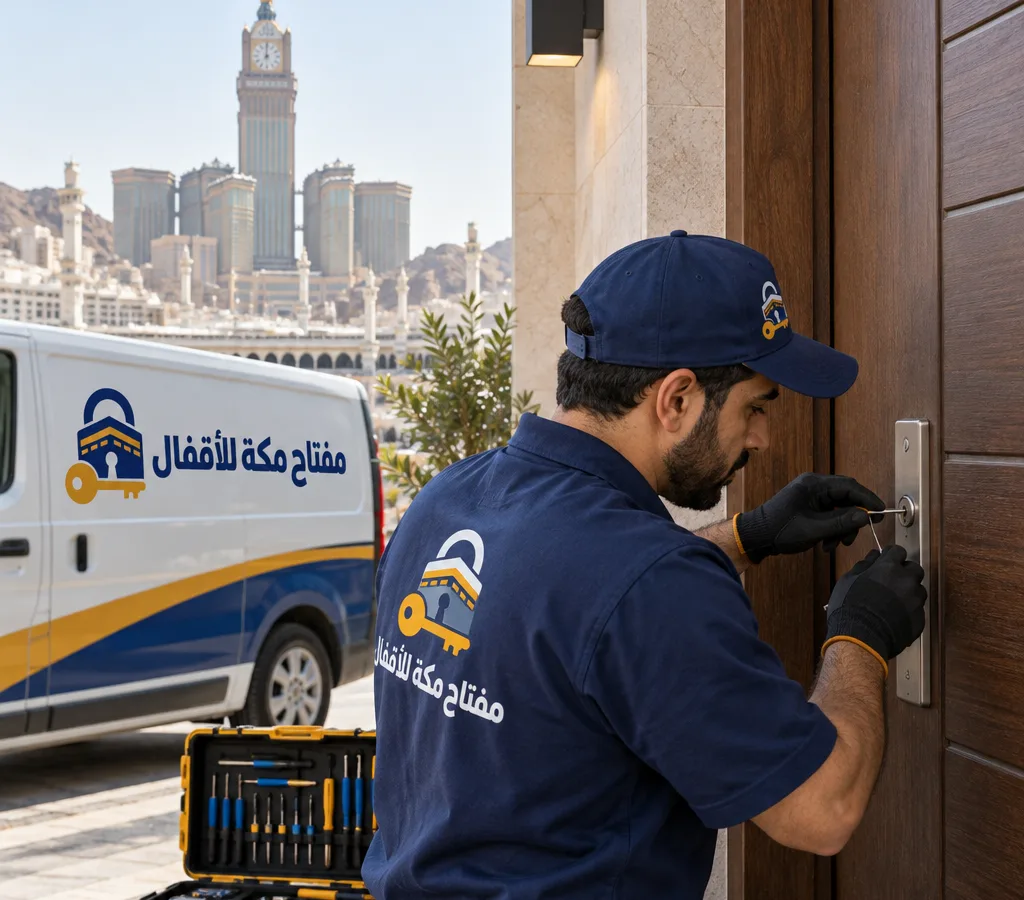 فني أقفال يفتح قفل باب سكني في مكة باستخدام أدوات احترافية