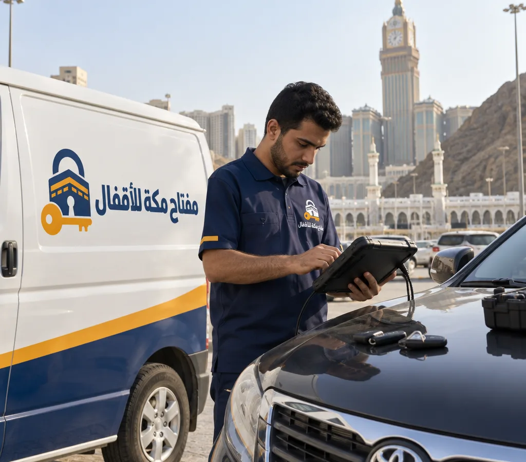 فني مفاتيح سيارات يعمل بجهاز برمجة حديث بجانب سيارة متوقفة في مكة