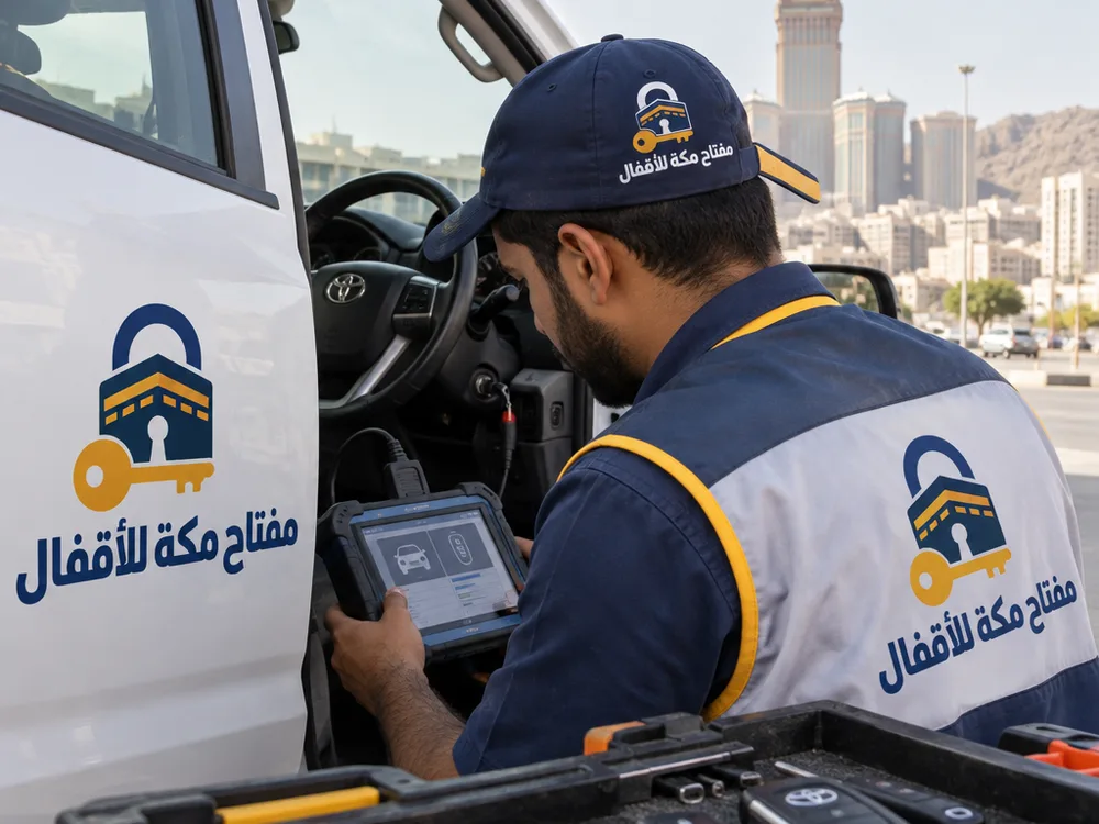 جهاز برمجة مفاتيح سيارات موصول بالسيارة مع مفتاح وريموت على طاولة أدوات