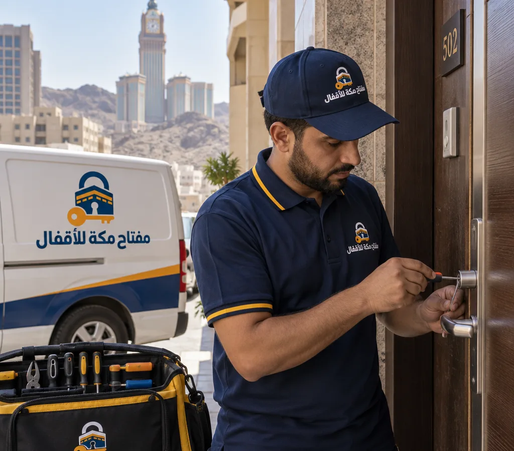 فني أقفال يقف عند باب شقة سكنية في مكة مع حقيبة أدوات فتح الأقفال