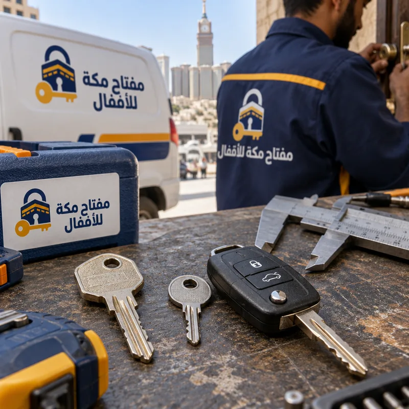 خامات مفاتيح لباب وخزانة وسيارة بجانب أدوات قياس توضح دقة العمل