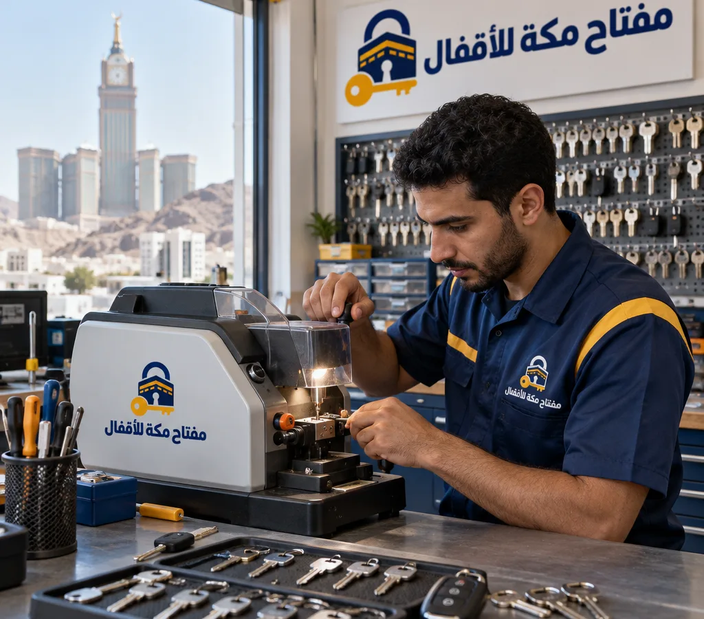 فني يعمل على ماكينة قص مفاتيح حديثة داخل ورشة نظيفة مع مفاتيح أبواب ومفتاح سيارة على الطاولة